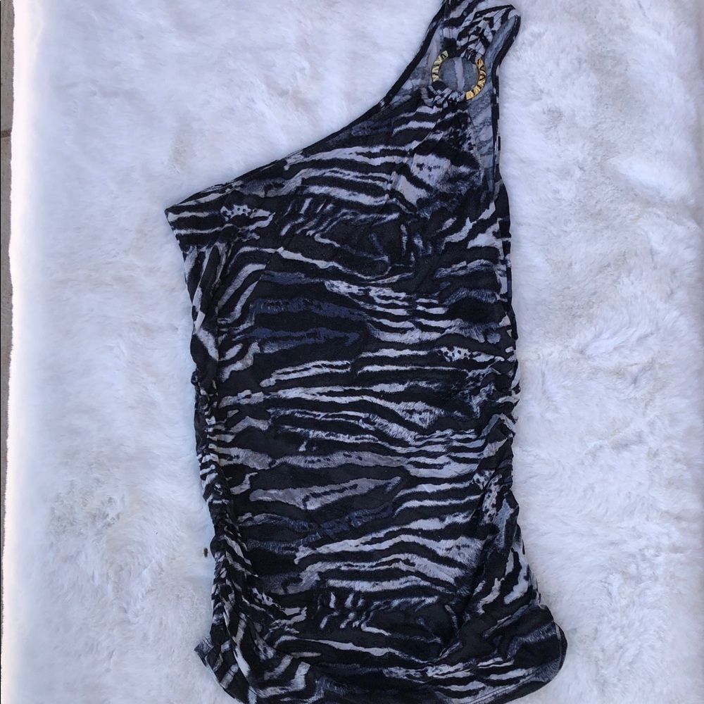 Express Women’s One-Shoulder Zebra Print Blouse - Black/Grey Size M